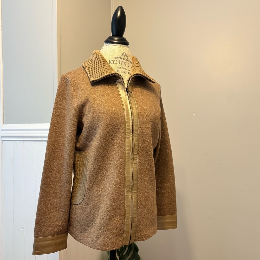 Nygard Collection 100% Wool Knit Zip Up Jacket Beige Gold Leather Detailing  L